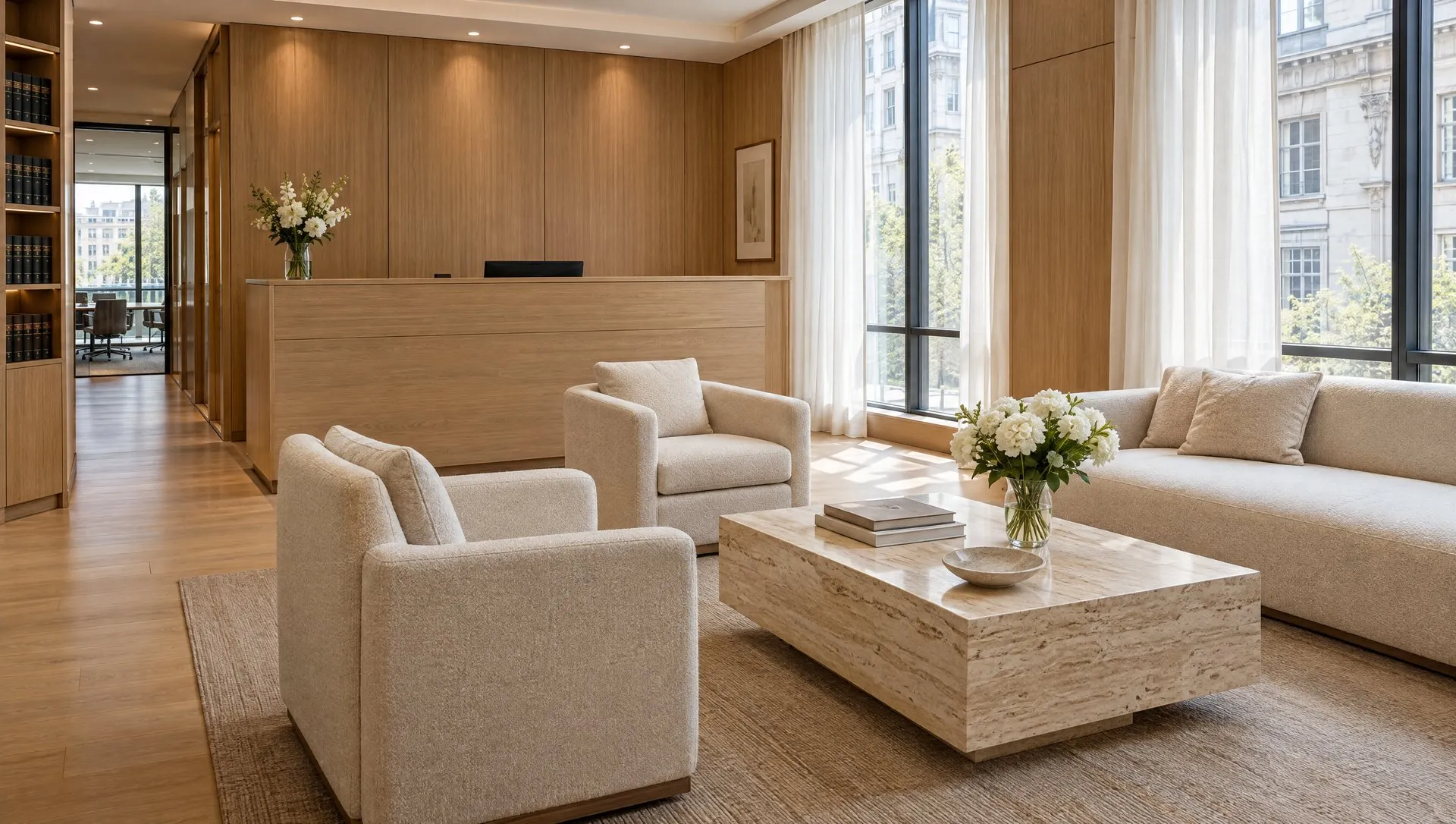Calm, modern reception and waiting area of a law office