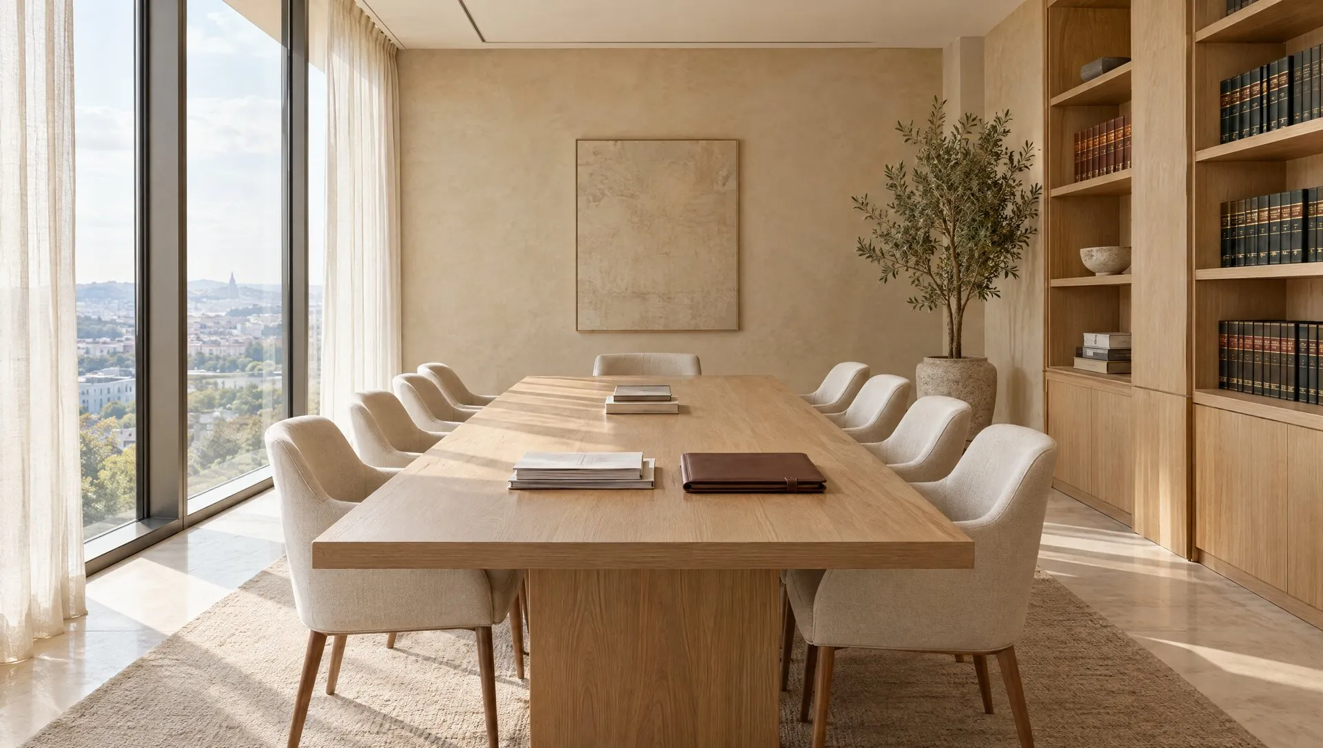 Bright, modern law firm meeting room with an oak table and bookshelves