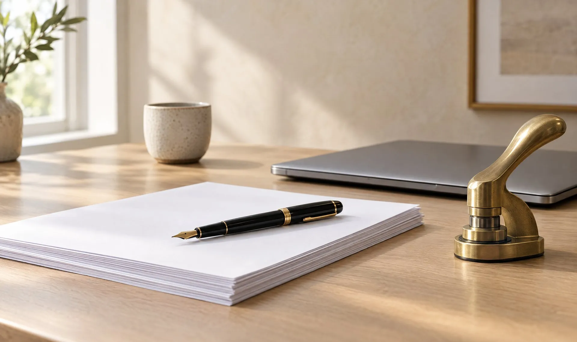 Documents, a fountain pen, and a brass notary seal on an oak desk