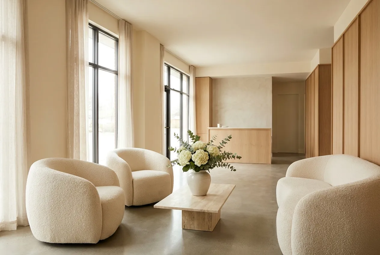 Bright, minimal med spa reception and waiting area