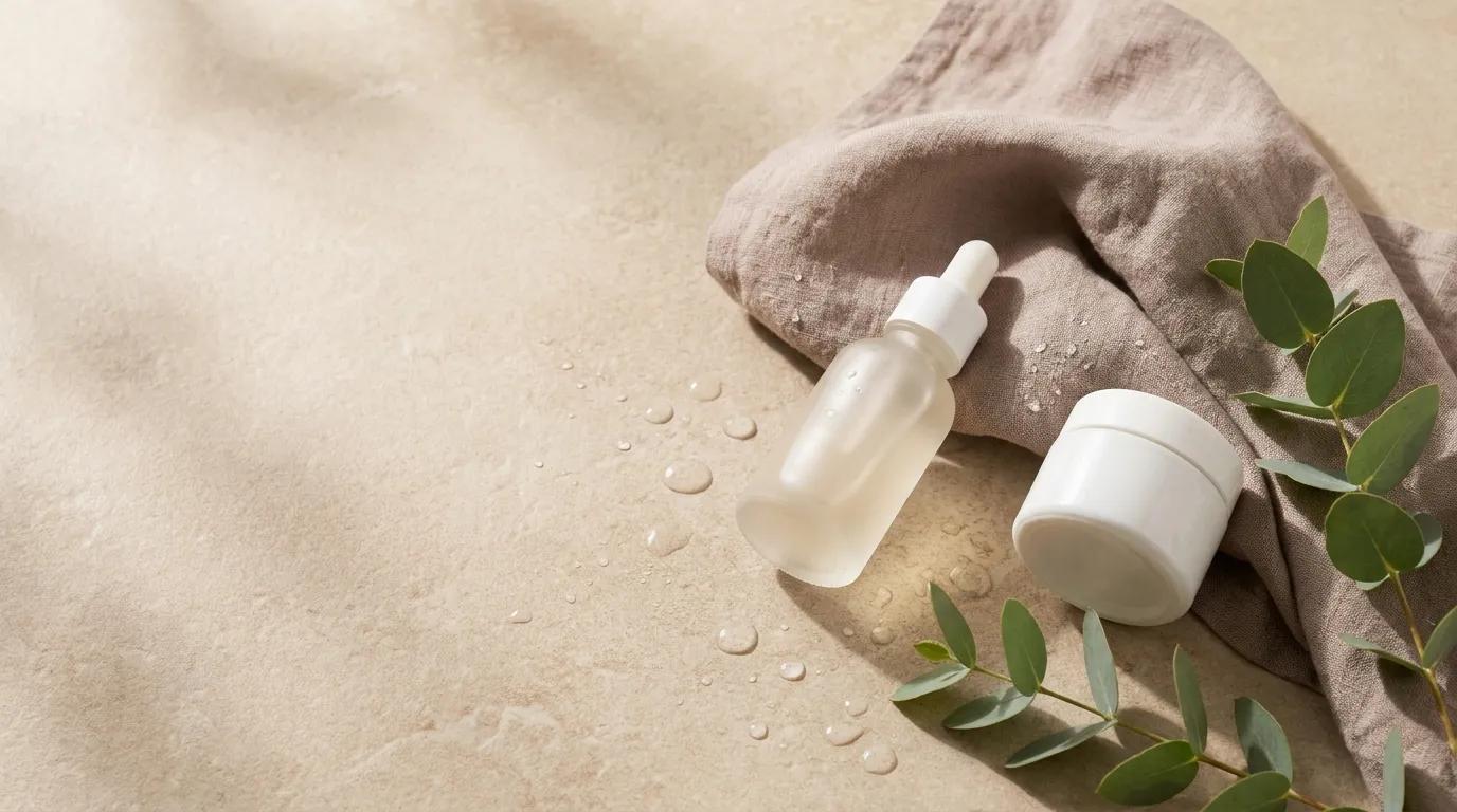 Minimal skincare products on a stone surface