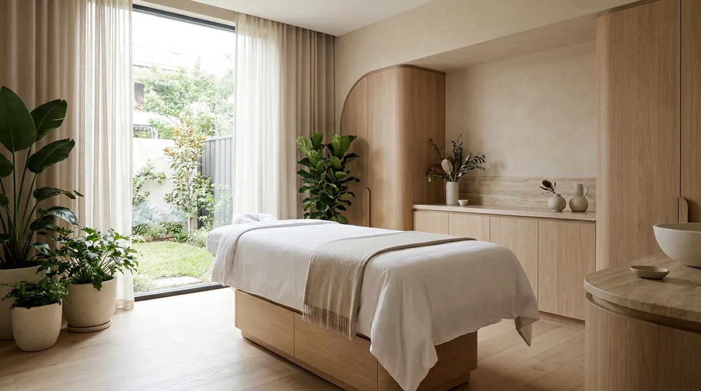 Calm, modern med spa treatment room with natural light